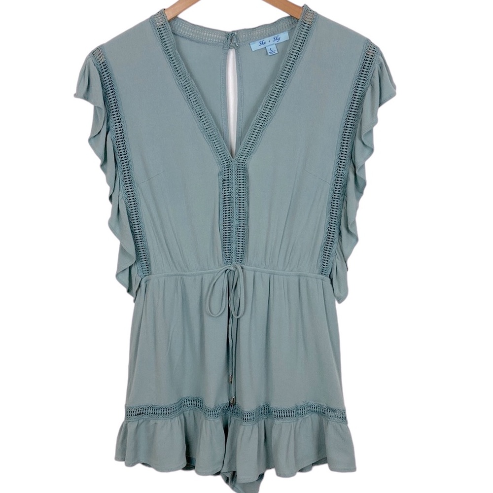 She + Sky Sage Green V-Neck Romper with Ruffle Sleeves